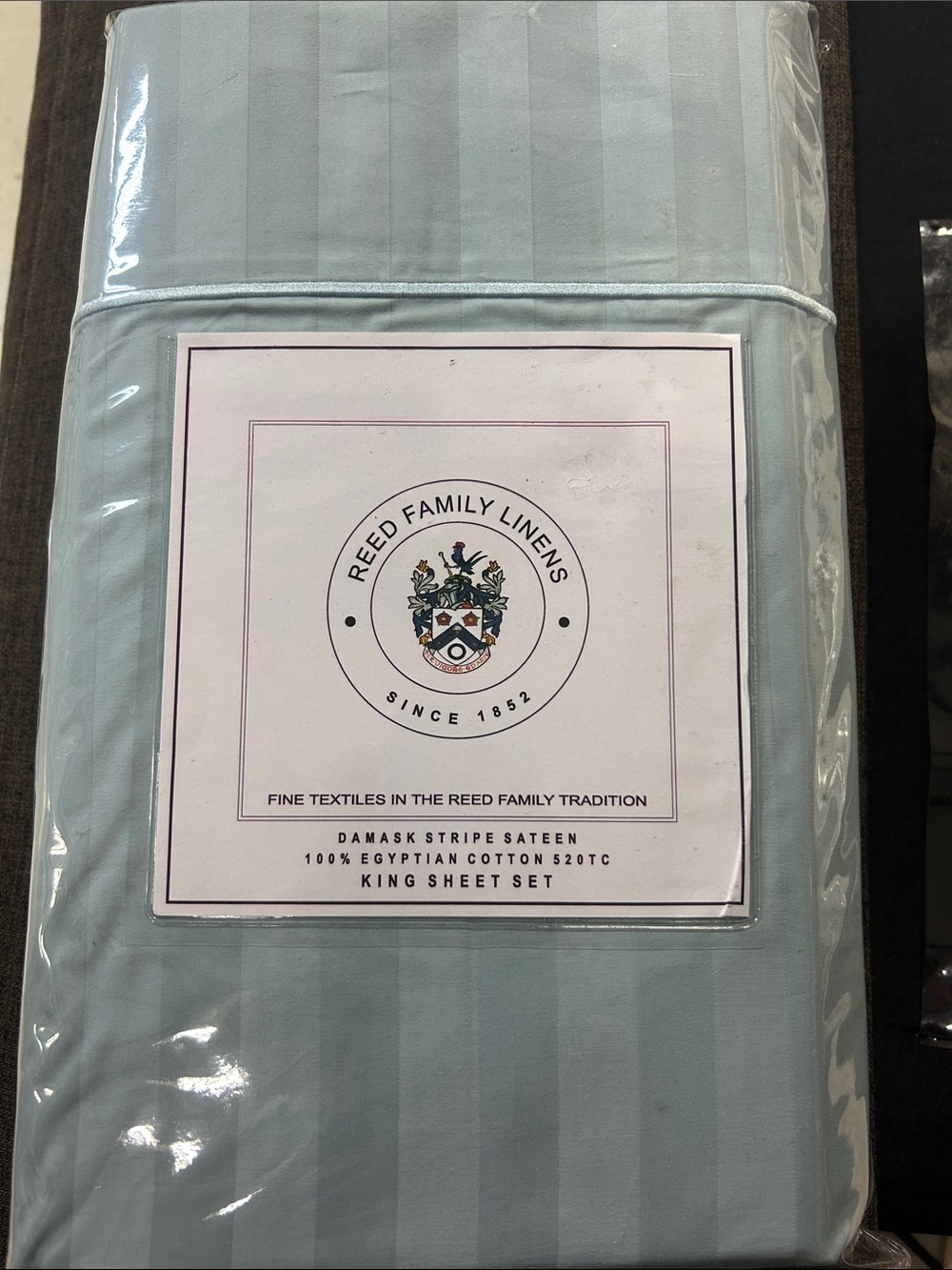 Light Blue Damask Stripe Sateen King Sheet Set